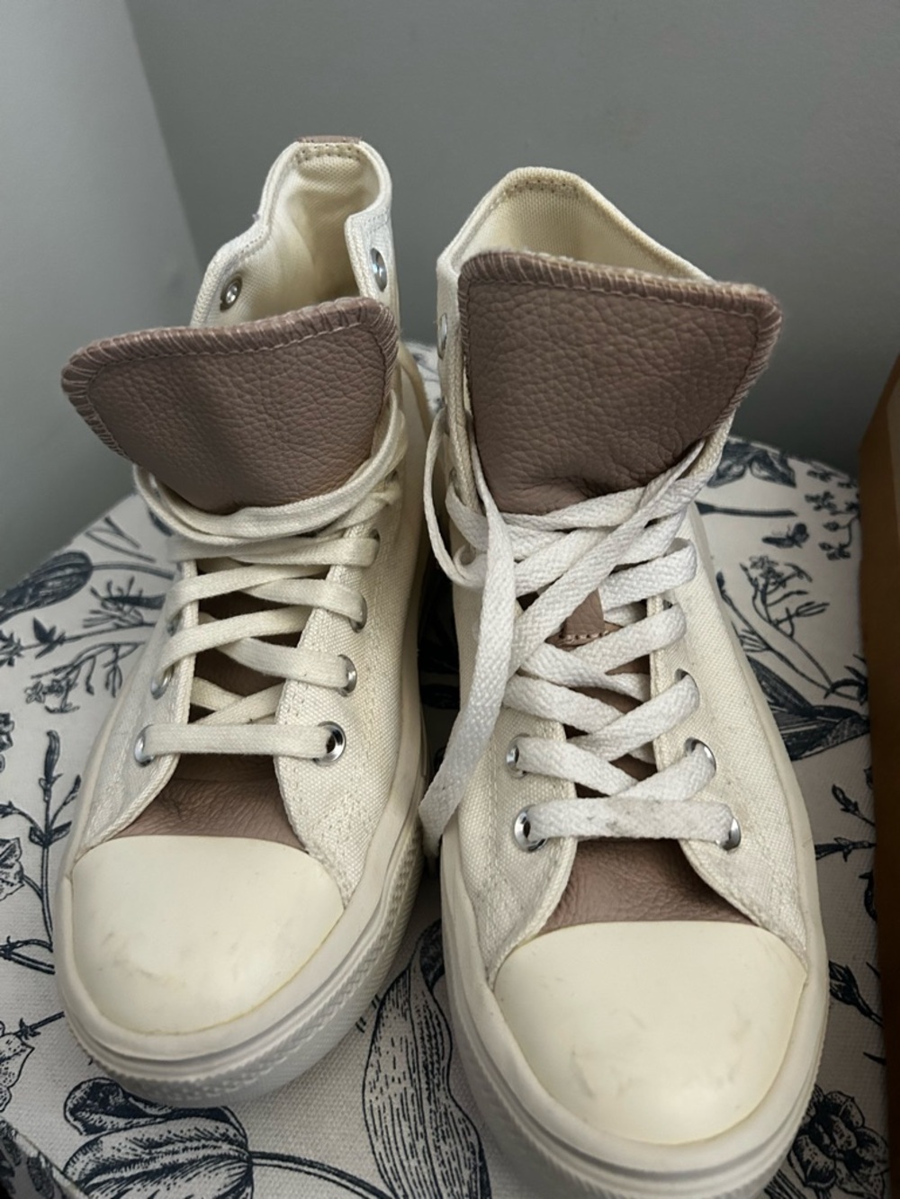 Converse Cream Canvas High Top Sneakers with Taupe Leather Tongue